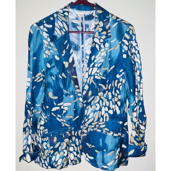 Coldwater Creek Women's Printed Blazer PM (10-12) Blue & White Pattern Cotton & - Picture 1 of 2
